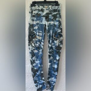 Robin's Jean PREDATOR CARGO PANTS , TIE DYE MIAMI WASH, CRYSTALS, STUDS; SIZE 24